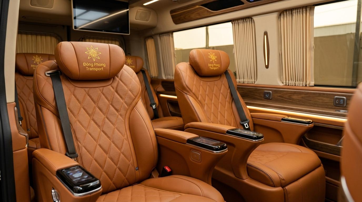 Nội thất khoang thương gia xe DCar Limousine 9 chỗ bọc da massage Đông Phong Transport