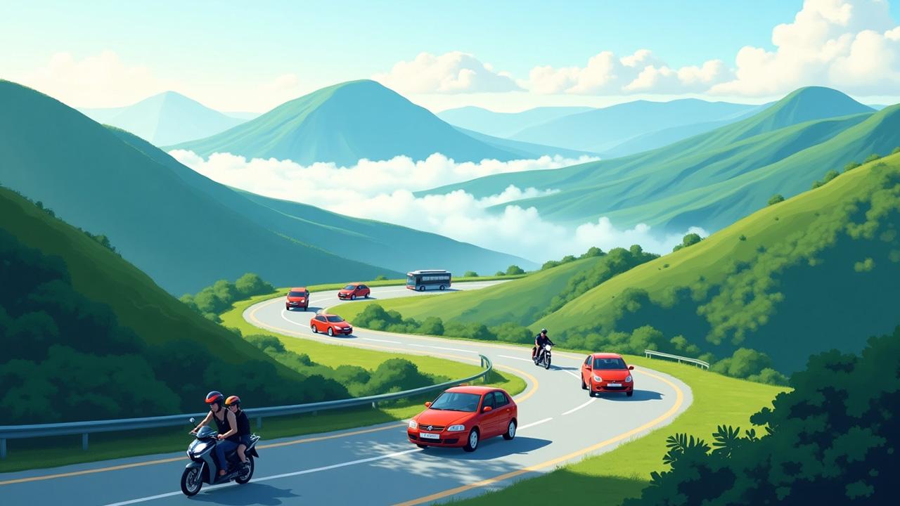 Xe ô tô, xe máy và xe buýt di chuyển trên đường núi Tam Đảo