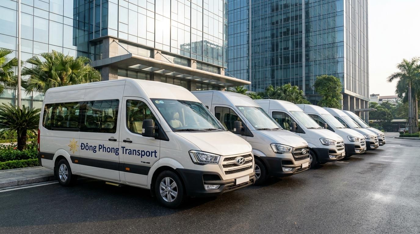 Dàn xe 16 chỗ Ford Transit và Hyundai Solati phục vụ hợp đồng dài hạn của Đông Phong Transport tại Hà Nội