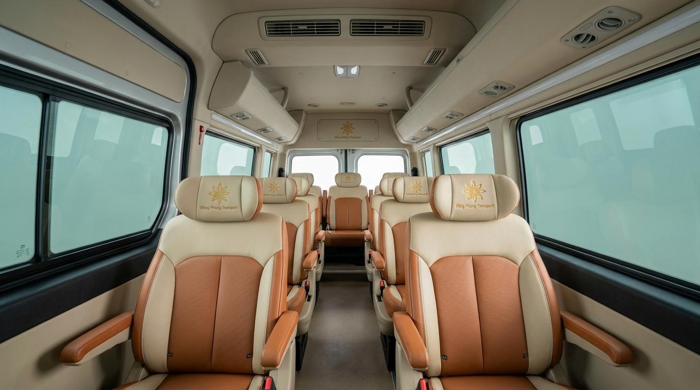Khoang nội thất xe Hyundai Solati 16 chỗ trần cao ghế da thương gia cao cấp của Đông Phong Transport