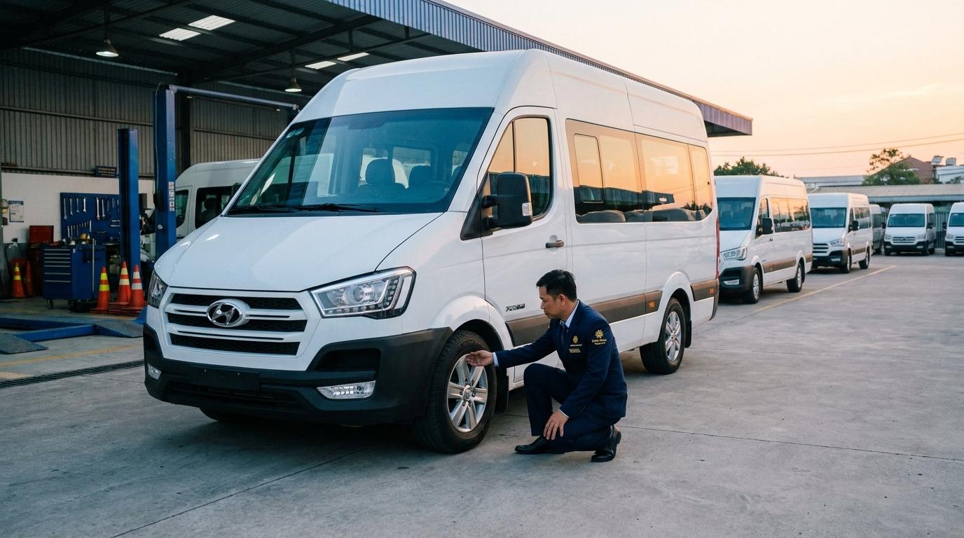 Tài xế Đông Phong Transport kiểm tra an toàn kỹ thuật xe 16 chỗ trước giờ xuất phát phục vụ khách hàng