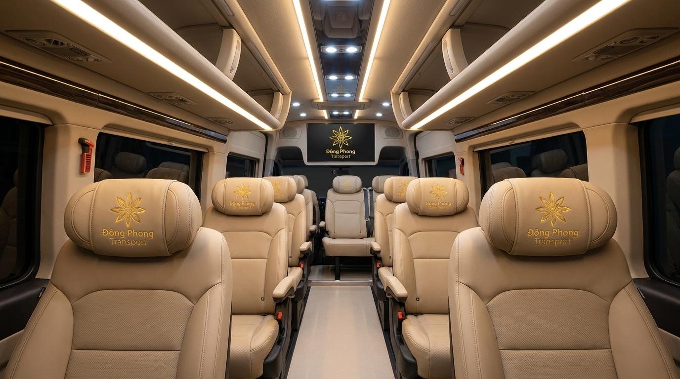 Khoang nội thất xe 16 chỗ Hyundai Solati trần cao ghế da cao cấp của Đông Phong Transport