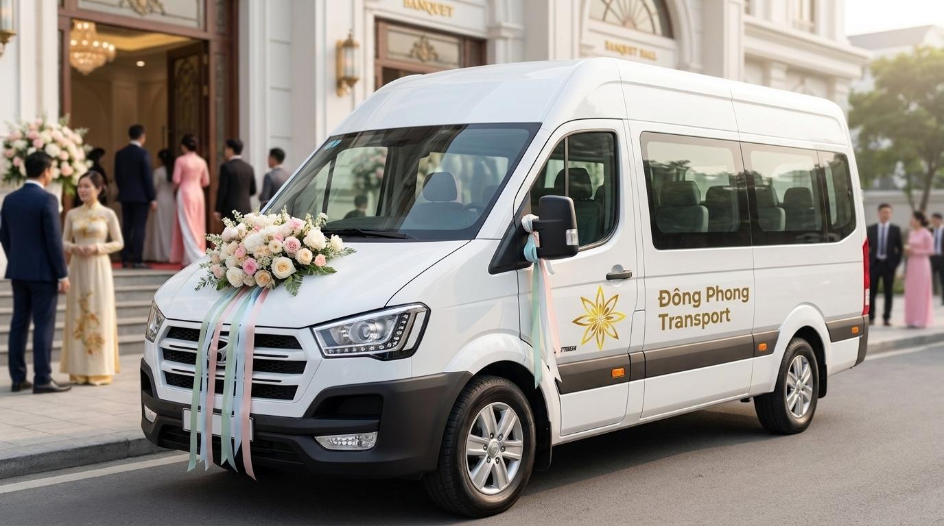 Xe 16 chỗ Đông Phong Transport màu trắng kết hoa sang trọng phục vụ đưa đón dâu đám cưới
