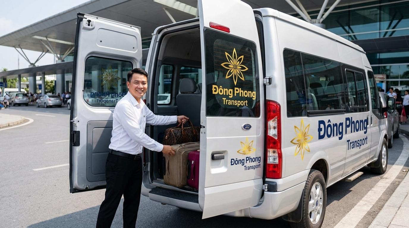 Tài xế Đông Phong Transport tận tâm hỗ trợ khách xếp hành lý lên xe 16 chỗ tại sân bay Nội Bài