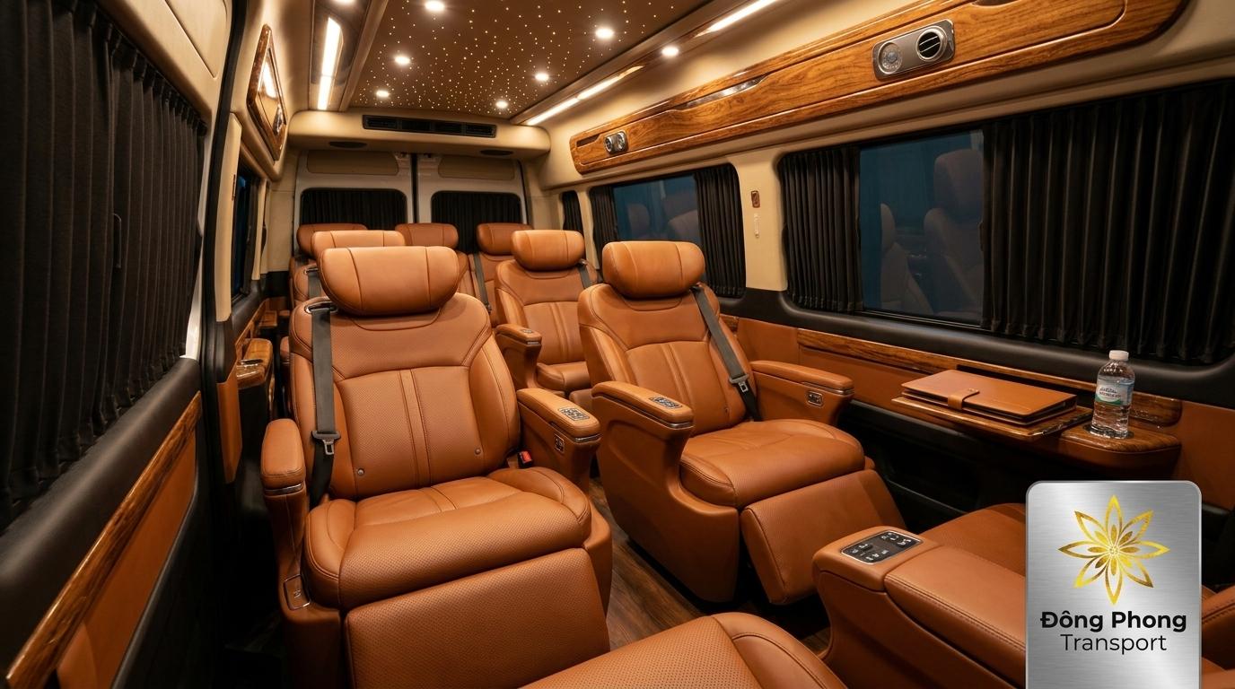 Nội thất khoang thương gia xe DCar Limousine 9 chỗ cho thuê dài hạn tại Đông Phong Transport.
