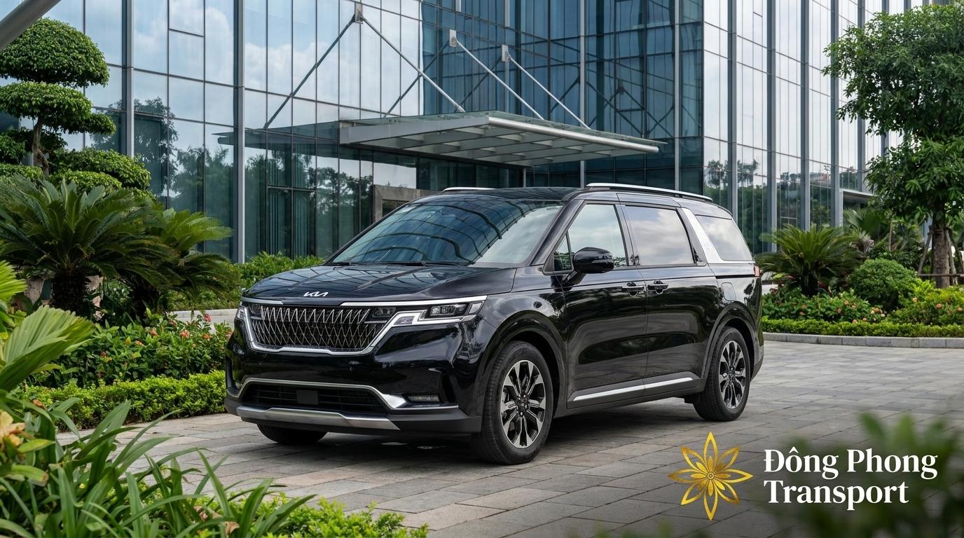 Ngoại thất sang trọng của xe Kia Carnival đời mới cho thuê theo tháng tại Đông Phong Transport.