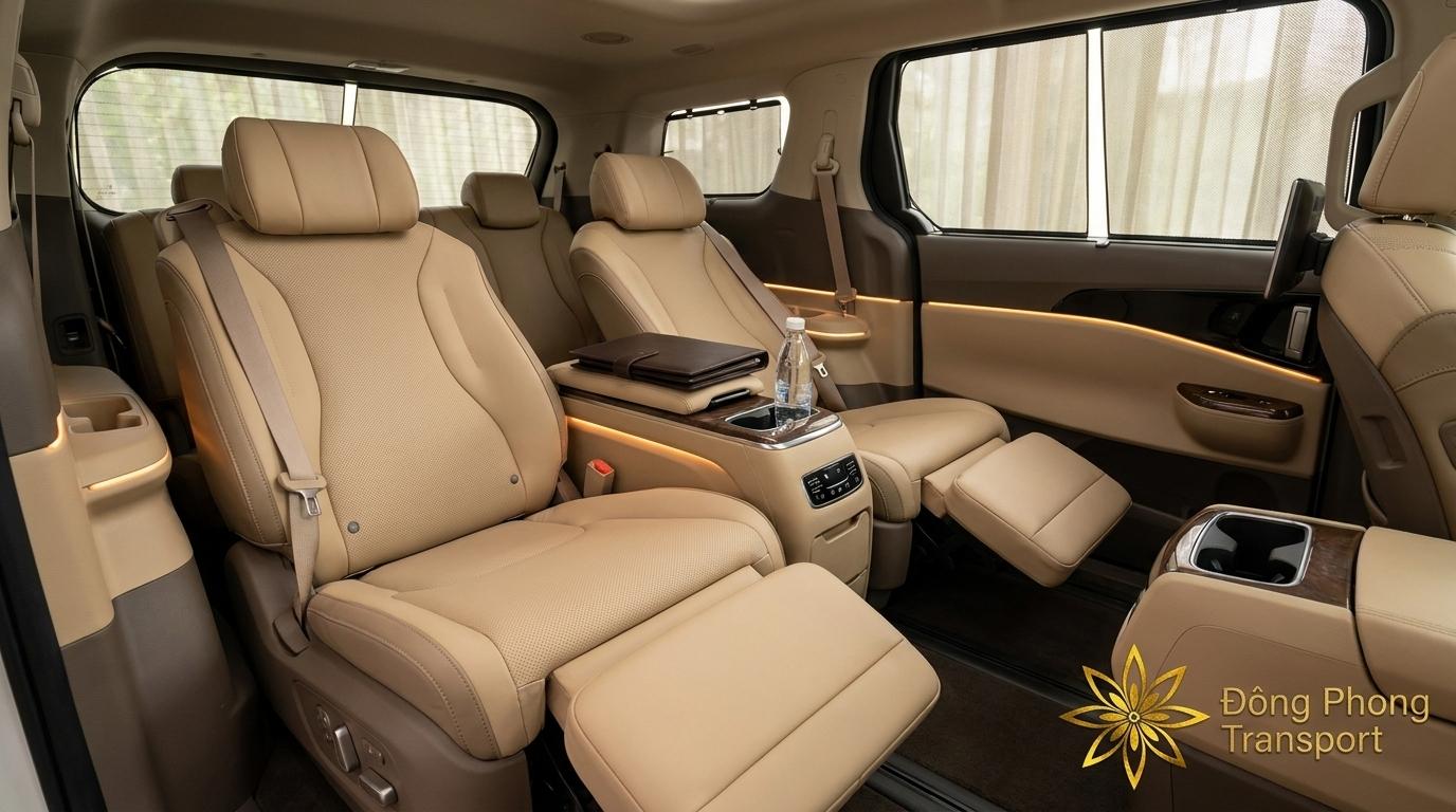 Nội thất khoang thương gia xe Kia Carnival 7 chỗ cho thuê theo tháng tại Đông Phong Transport.