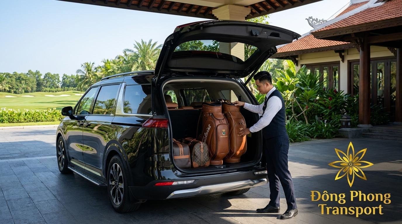 Xe Kia Carnival Đông Phong Transport đưa đón chuyên gia và đối tác đi đánh golf.