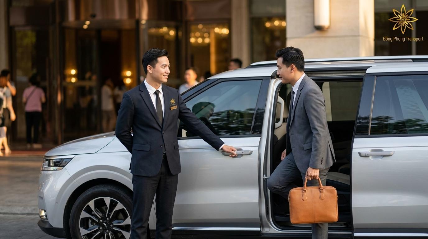 Tài xế Đông Phong Transport lịch sự mở cửa đón giám đốc bước lên xe Kia Carnival.