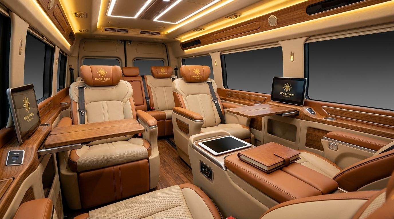 Nội thất khoang thương gia xe DCar Limousine 9 chỗ thuê theo tháng