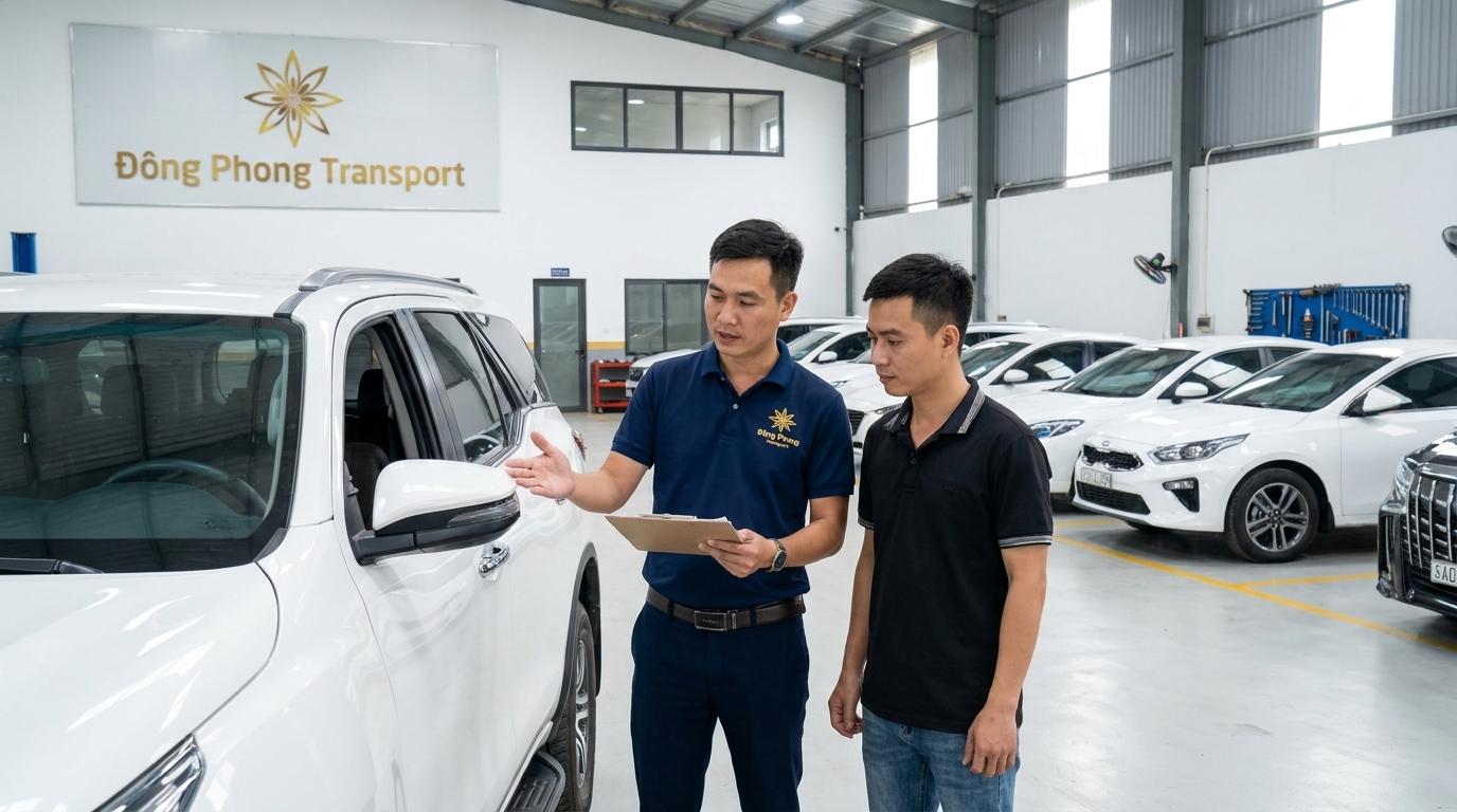 Đội ngũ kỹ thuật Đông Phong Transport kiểm tra bàn giao xe hợp đồng theo tháng