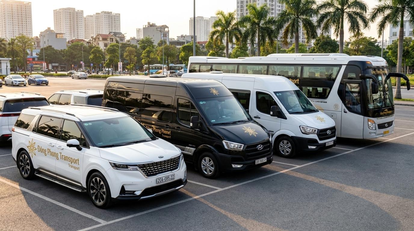 Dàn xe du lịch đời mới từ 7 đến 45 chỗ của Đông Phong Transport tại bãi đỗ xe Hà Nội