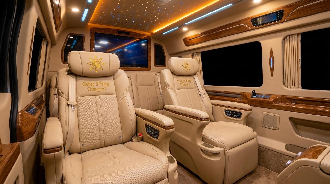 Nội thất khoang ghế massage thương gia xe DCar Limousine VIP của Đông Phong Transport