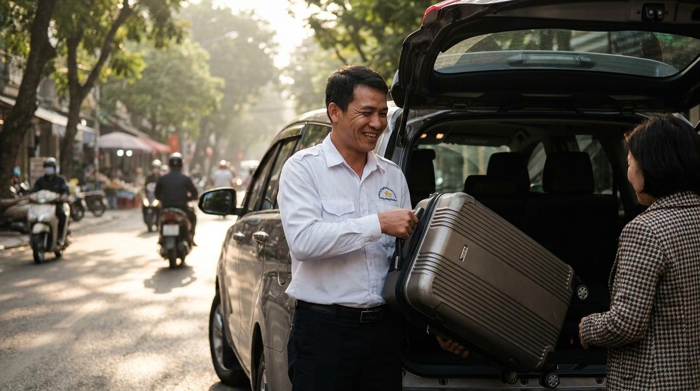 Tài xế Đông Phong Transport niềm nở hỗ trợ sắp xếp hành lý cho khách thuê xe du lịch
