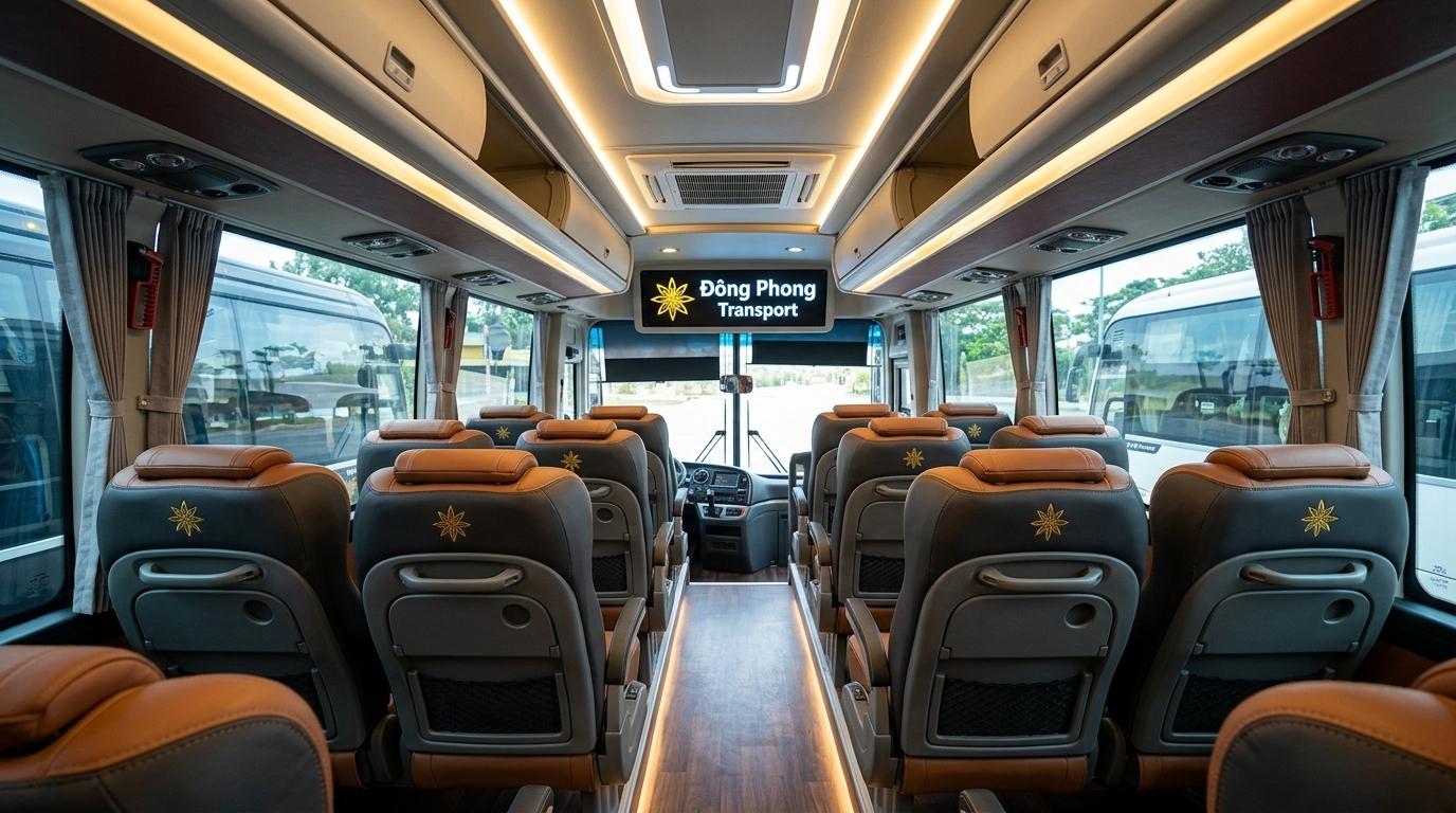 Khoang nội thất tiện nghi ghế bọc da của dàn xe 29 chỗ đời mới Đông Phong Transport