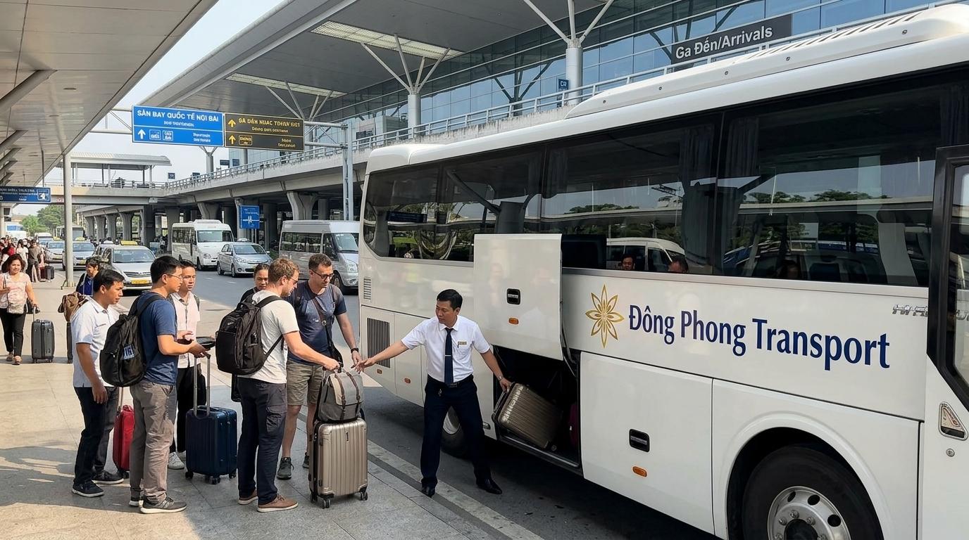 Tài xế Đông Phong Transport hỗ trợ hành lý đón khách thuê xe 29 chỗ tại sân bay Nội Bài