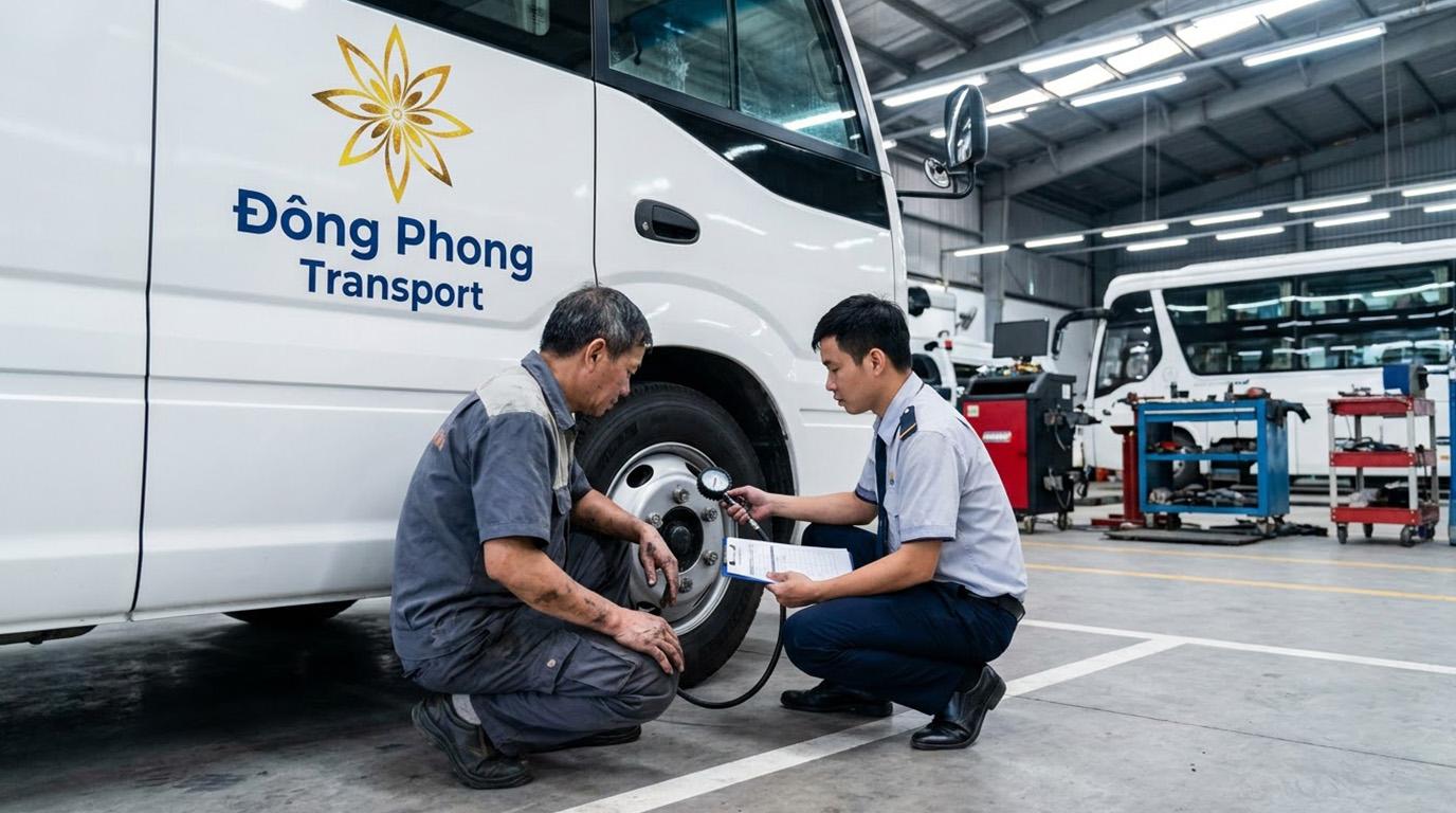 Kiểm tra kỹ thuật định kỳ đảm bảo an toàn dịch vụ thuê xe 29 chỗ có lái Đông Phong Transport