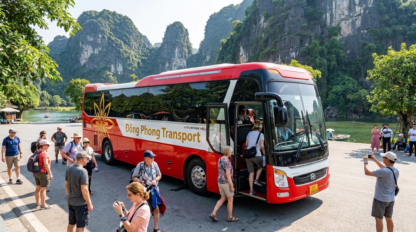Xe du lịch 45 chỗ Hyundai Universe đời mới đưa đón đoàn du lịch tại bãi đỗ xe Tràng An