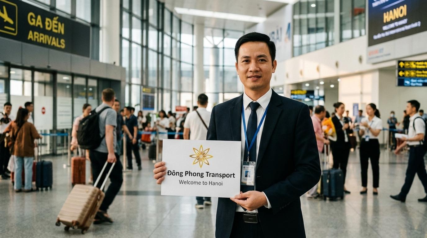 Tài xế Đông Phong Transport cầm biển tên đón khách chu đáo tại sảnh đến sân bay Nội Bài